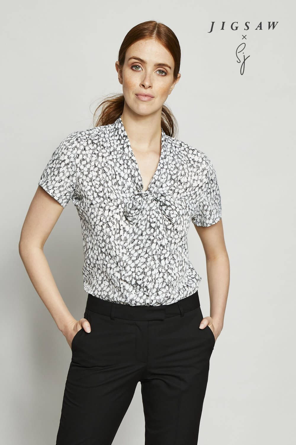 Jigsaw X SJ seotava kaelusega mustriline pluus naistele - Image 11