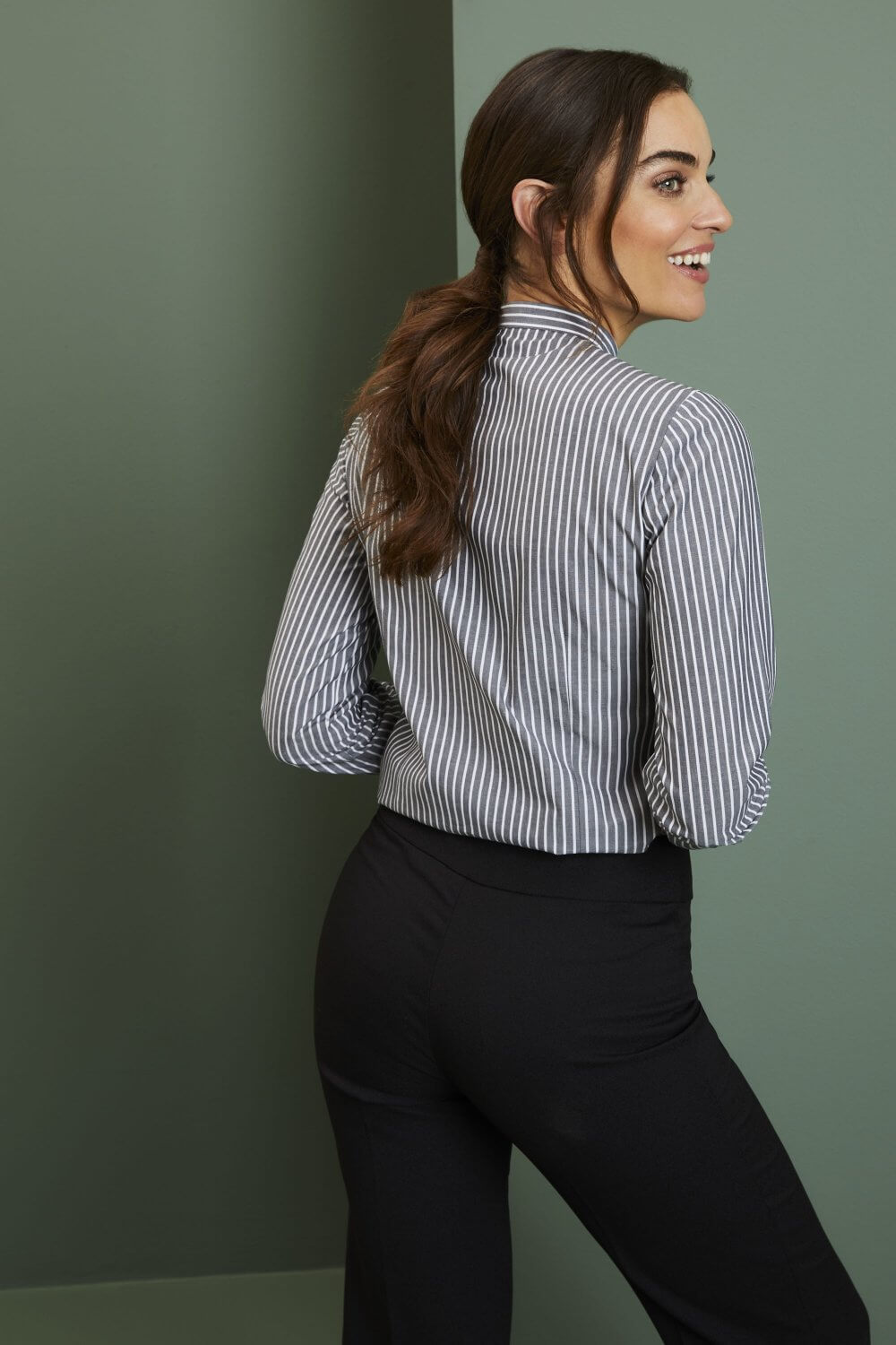 Women's Long Sleeve Banded Collar Stripe Shirt - Image 2